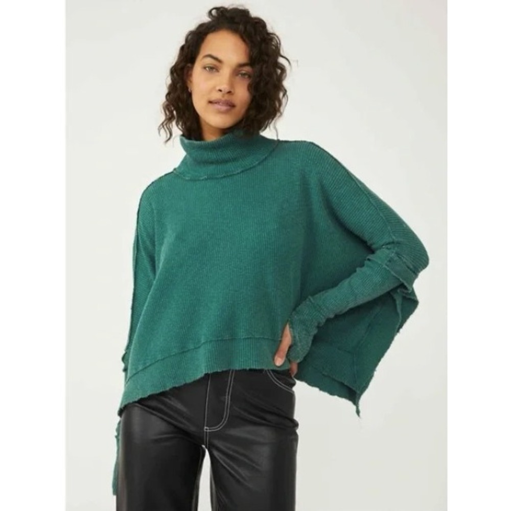 We The Free Free People Teal Green Moon Daisy Thermal Pullover Long Sleeve Tee M